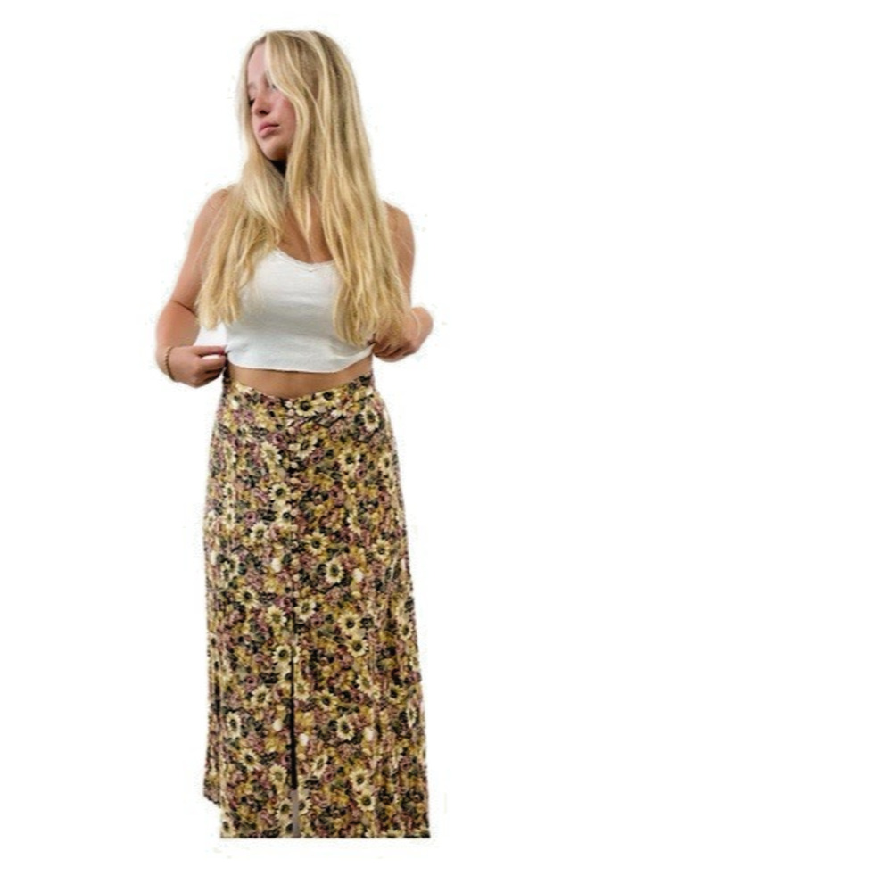 Vintage 90s Express Floral Maxi Skirt S Button Front Elastic Waist Fairy Grunge - Picture 1 of 11